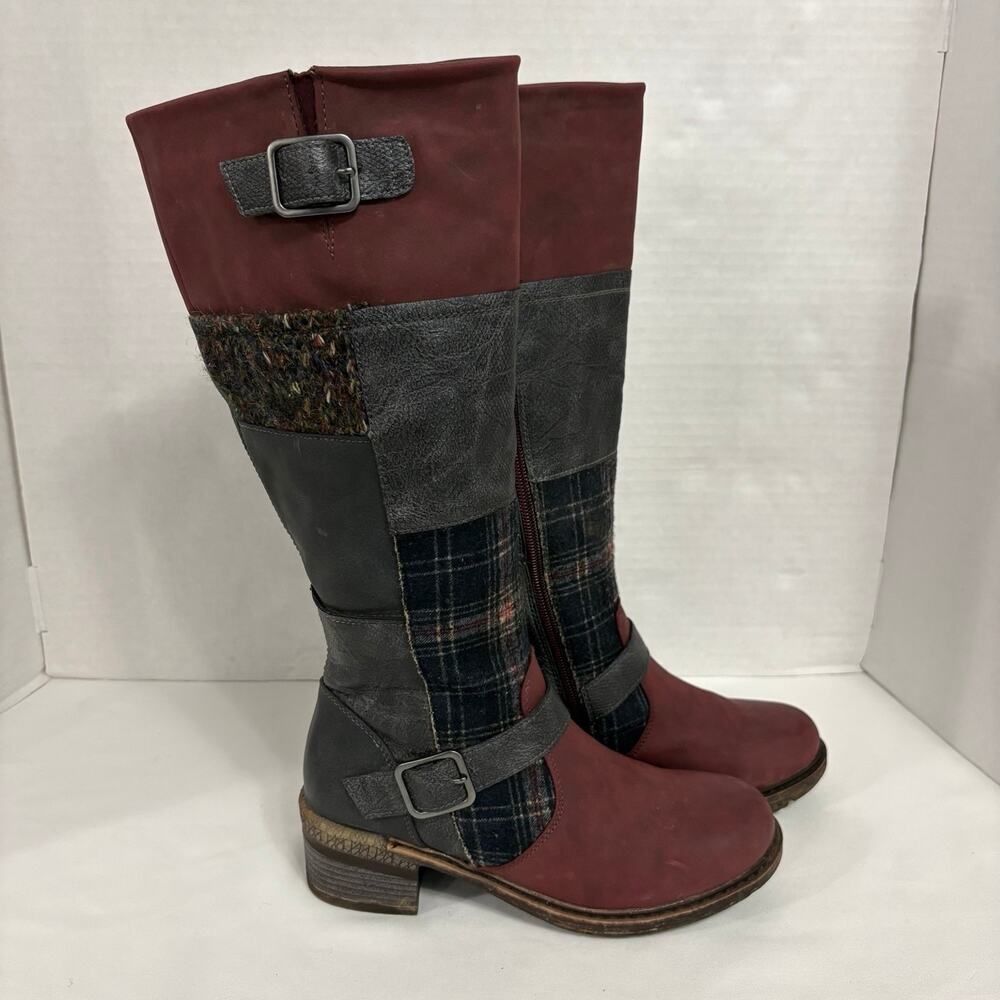 MUK LUKS Womens 7 Burgundy Plaid Tall Boots Patchwork Buckle Side Zip Boho